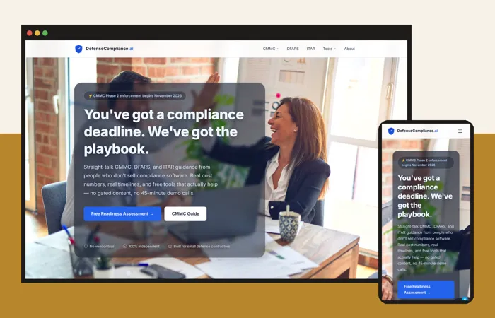 DefenseCompliance.ai website shown on a laptop and a phone